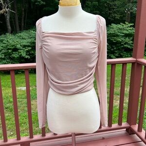 New! Stellaluce large mauve off shoulder ruched long sleeve mesh crop top
